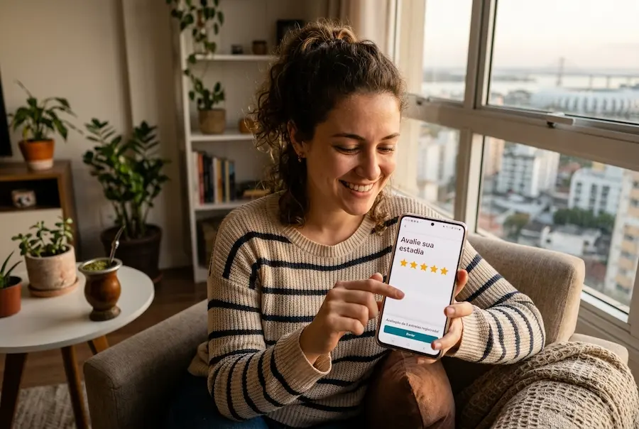 Guest smiling while rating their stay 5 stars on a smartphone